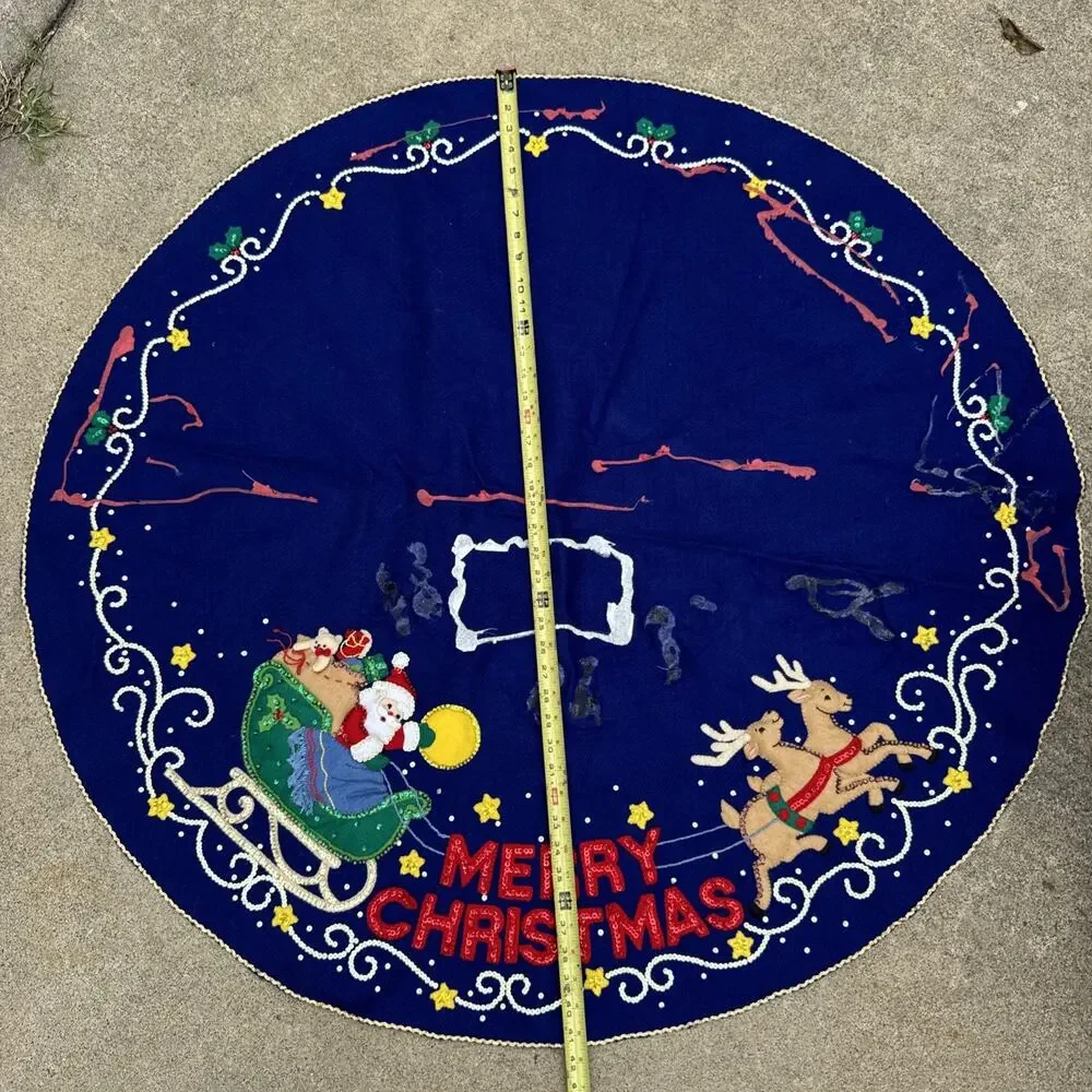 Vtg 90s Bucilla Felt Santa Sled Round Xmas Tree Skirt Completed-CRAFT PROJECT